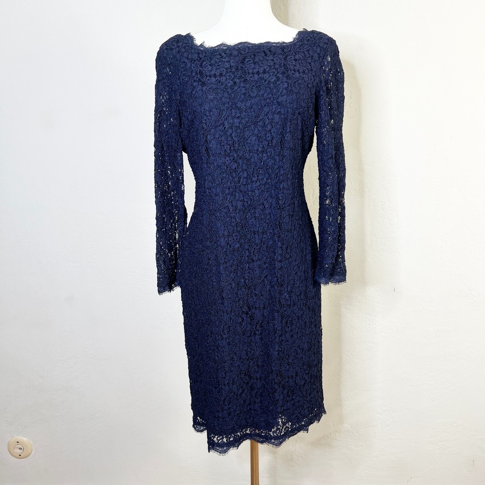 Adrianna Papell Evening Dress Lace Sheath Size 12 Navy Blue Long Sleeve